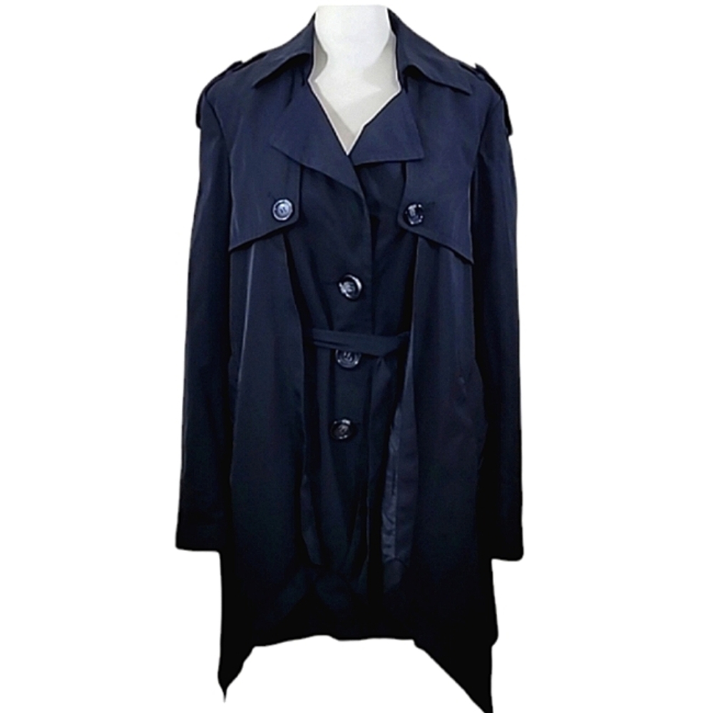 Kensie Trench Coat Black Button Front Asymmetrical Hem Size Small